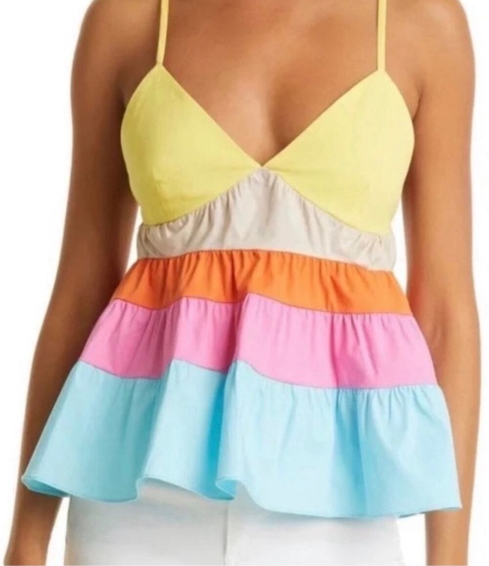 STAUD Olympia Rainbow Tiered Strappy Back Babydoll Blouse Small